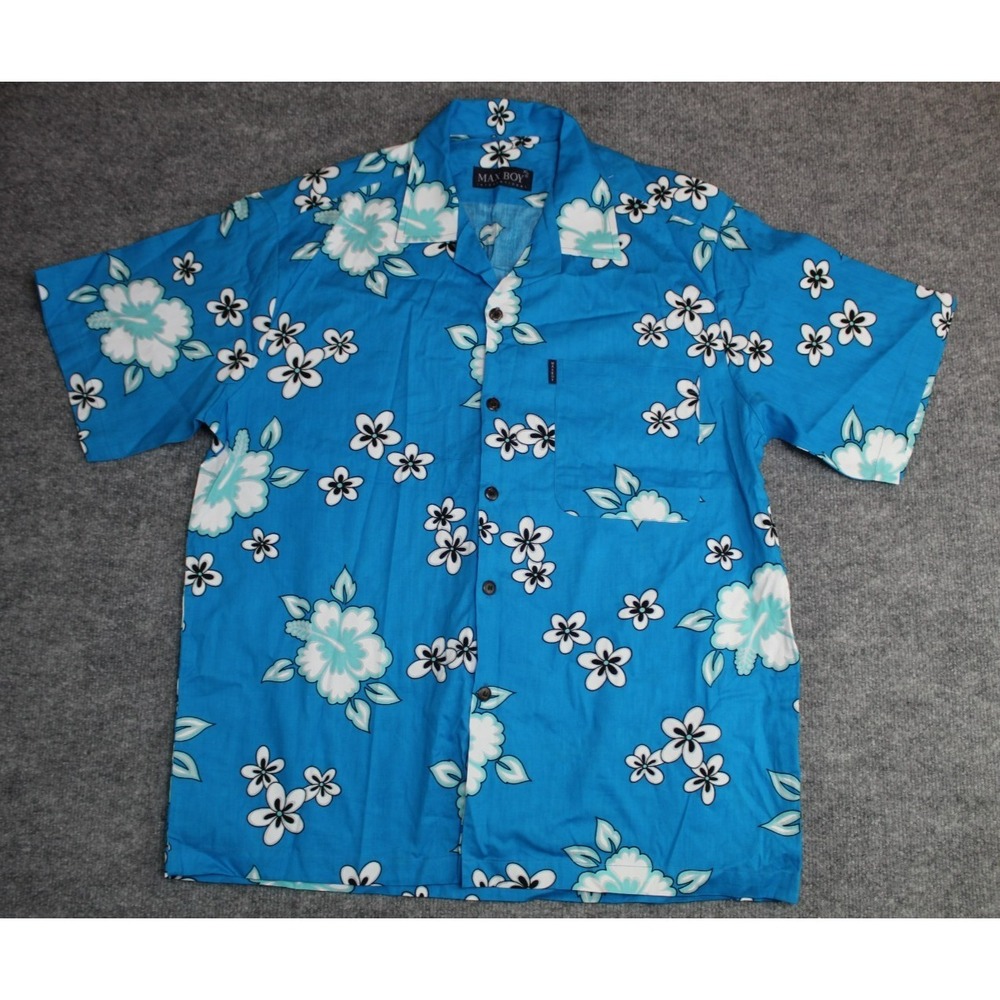 Max Boy Internationl Mens XL Hawaiian Floral Blue Button Up Shirt Aloha Hibiscus